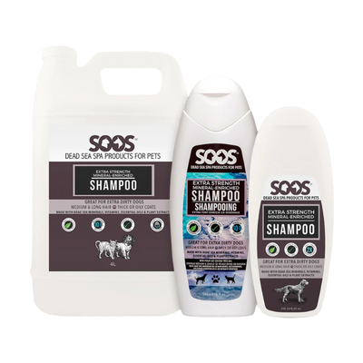 SooS™ Extra Strength Mineral Enriched Pet Shampoo locks in moisture while nourishing the coat with vitamins, essential oils, natural antioxidant, antiseptic, and antibacterial while using properties of Dead Sea minerals and citrus extracts. Great for dogs with medium to long hair and thick or oil-prone coats.  