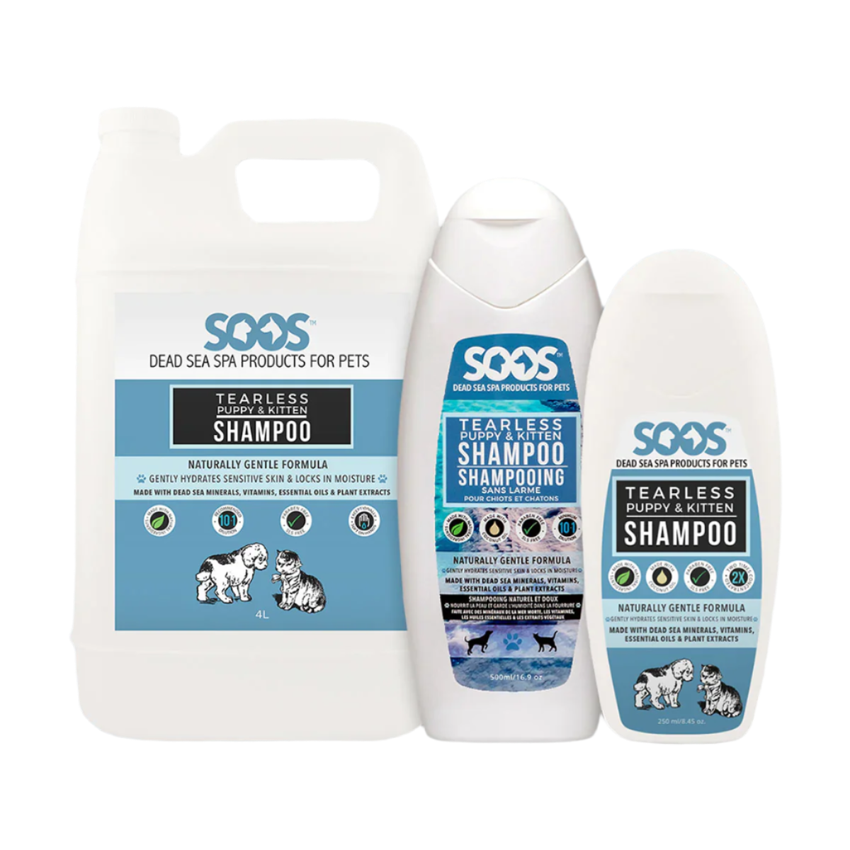 SooS™ Tearless Puppy & Kitten Pet Shampoo cleanses skin and coat gently, without irritation. Its unique blend of Dead Sea minerals, vitamins, oats, coconut, honey, pumpkin seed oil, to nourishes skin and coat, while its pH-balanced and tearless formula keeps delicate skin healthy and hydrated.