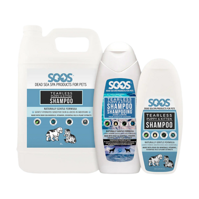 SooS™ Tearless Puppy & Kitten Pet Shampoo cleanses skin and coat gently, without irritation. Its unique blend of Dead Sea minerals, vitamins, oats, coconut, honey, pumpkin seed oil, to nourishes skin and coat, while its pH-balanced and tearless formula keeps delicate skin healthy and hydrated.