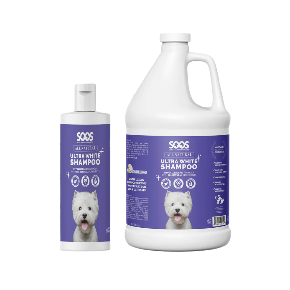 Soos™ Ultra White Hypoallergenic Pet Shampoo is a luxurious formulation of natural ingredients and plant-based whitening agents that gently cleanse and brighten your clients' coats without harsh chemicals. It soothes sensitive skin and allergies, while nourishing and moisturizing coats for a healthy, shiny look.