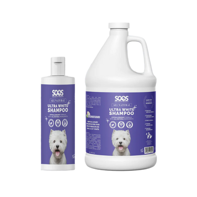 Soos™ Ultra White Hypoallergenic Pet Shampoo is a luxurious formulation of natural ingredients and plant-based whitening agents that gently cleanse and brighten your clients' coats without harsh chemicals. It soothes sensitive skin and allergies, while nourishing and moisturizing coats for a healthy, shiny look.